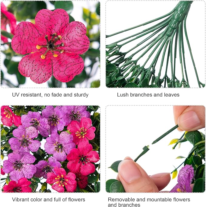 Artificial Faux Hanging Flowers Plants for Outdoor Decor, 2 PCS Outside Fake Silk Violets with Eucalyptus UV Resistant Realistic Daisy Trailing Vines for Planter Balcony Porch Patio Yard, Purplepink-Ruum Studio Home