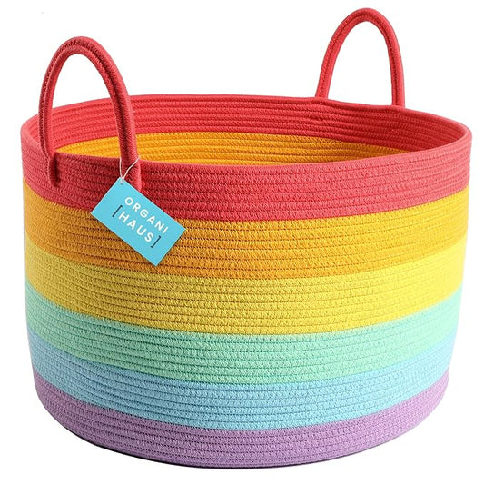 OrganiHaus Large Blanket Basket for Living Room 20x13, Rainbow Rope Basket for Classroom Organization, Toy Storage Basket, Woven Kids Laundry Basket, Baby Toy Box, Cute Storage Basket, Nursery Hamper-Ruum Studio Home