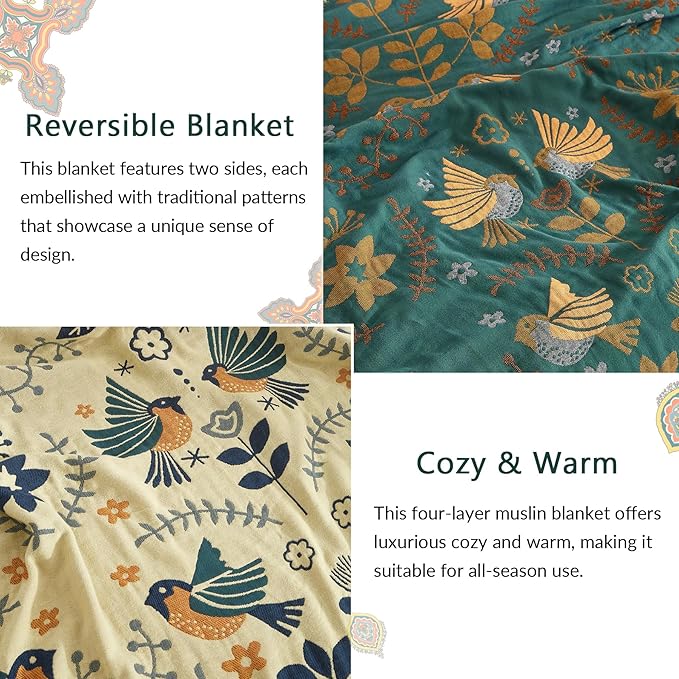 Boho Throw Blanket for Couch Sofa Bed, 100% Cotton Woven Quilt with Tassel 60”x80”, Super Soft Muslin Blanket with Bird Printed, Decorative Reversible Bed Blanket/Cover for All Seasons-Ruum Studio Home
