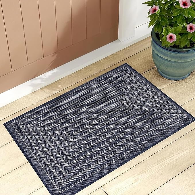 Adiva Rugs Outdoor Indoor Area Rug, Weather Resistant, Easy to Clean, Stain Resistant Floor Mat for Dining Room, Backyard, Deck, Patio (Navy Weiss, 2' x 3')-Ruum Studio Home