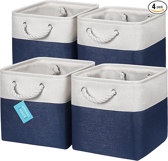 OrganiHaus 11x11 Cube Storage Bins 4 Pack, Foldable Cube Storage Organizer w/ Rope Handles, Collapsible Fabric Bins for Toys, Clothes & Closet Organization, Fabric Square Baskets - Navy Blue-Ruum Studio Home