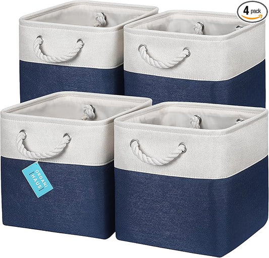 OrganiHaus 11x11 Cube Storage Bins 4 Pack, Foldable Cube Storage Organizer w/ Rope Handles, Collapsible Fabric Bins for Toys, Clothes & Closet Organization, Fabric Square Baskets - Navy Blue-Ruum Studio Home