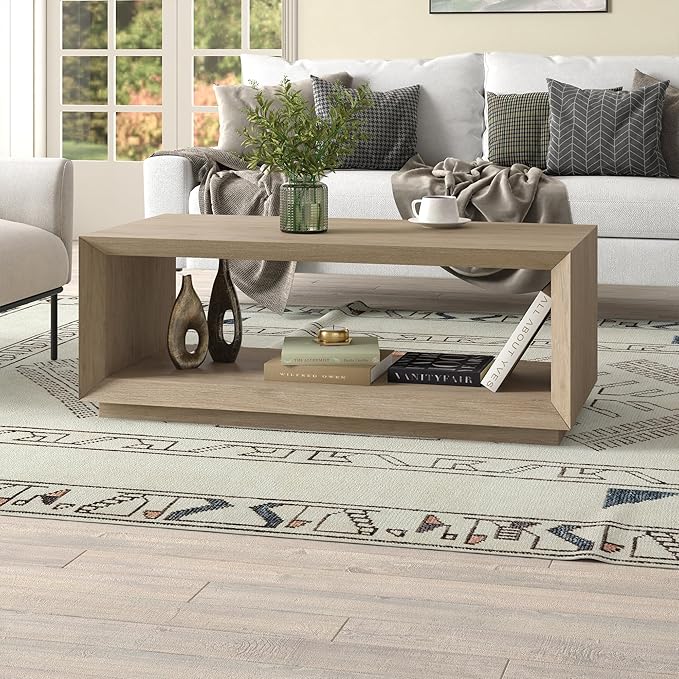 Henn&Hart 48" Rectangular Coffee Table with Open Storage Shelf for Living Room, Family Room, or Office, Antiqued Gray Oak-Ruum Studio Home