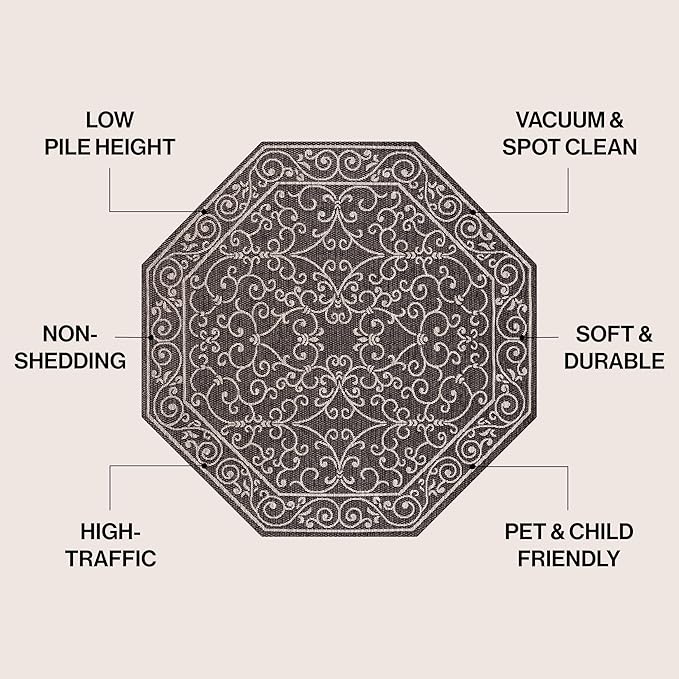 JONATHAN Y Vintage Filigree Indoor Outdoor Octagon Area Rug 8 Ft Black/Gray, Charleston Textured Weave for Backyard, Patio, Porch, Easy-Cleaning, High Traffic, Pet-Friendly Non-Shedding SMB106G-8TGN-Ruum Studio Home