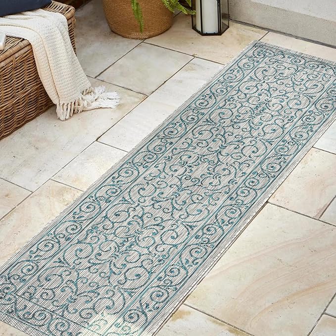JONATHAN Y Vintage Filigree Indoor Outdoor Runner Rug 2X8 Gray/Teal, Charleston Textured Weave for Backyard, Patio, Porch, Easy-Cleaning, High Traffic, Pet-Friendly, Non-Shedding (SMB106E-28)-Ruum Studio Home