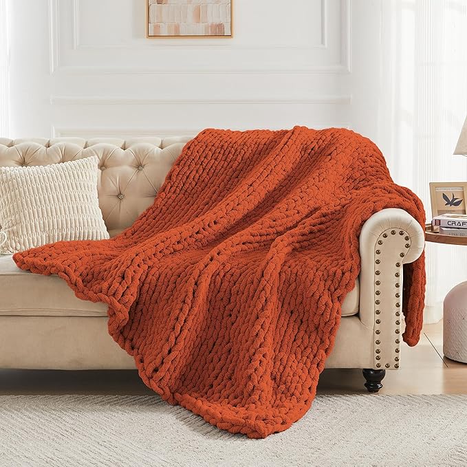 Carriediosa Chunky Knit Throw Blanket 60" X 80" Twin, 100% Hand Made Large Chenille Loop Yarn Soft Fluffy Throws for Couch Sofa Bed, Big Crochet Cozy Heavy Thick Cable Woven Blankets, Rust-Ruum Studio Home