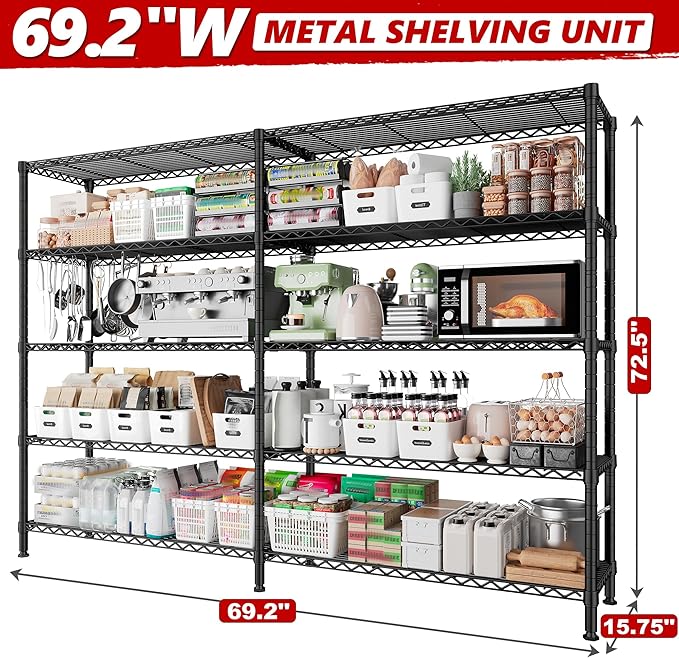 REIBII 70" W Storage Shelves Heavy Duty Load 1600LBS, Metal Shelving 5-Tier Wire Shelving Unit Metal Shelves for Storage Adjustable Shelving Rack for Pantry Kitchen 70" W*15.8" D*72.4" H, 2 Pack-Ruum Studio Home