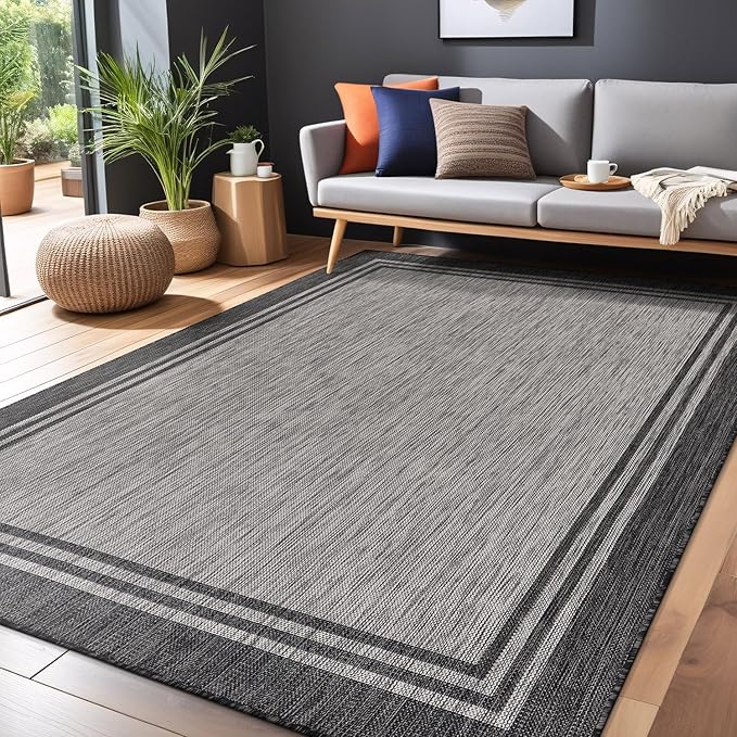 Bordered Outdoor Rug 10x14 Washable Outside Carpet for Indoor Patio Porch Waterproof Easy Cleaning Non Shedding Area Rugs Dark Gray 10 x 14-Ruum Studio Home