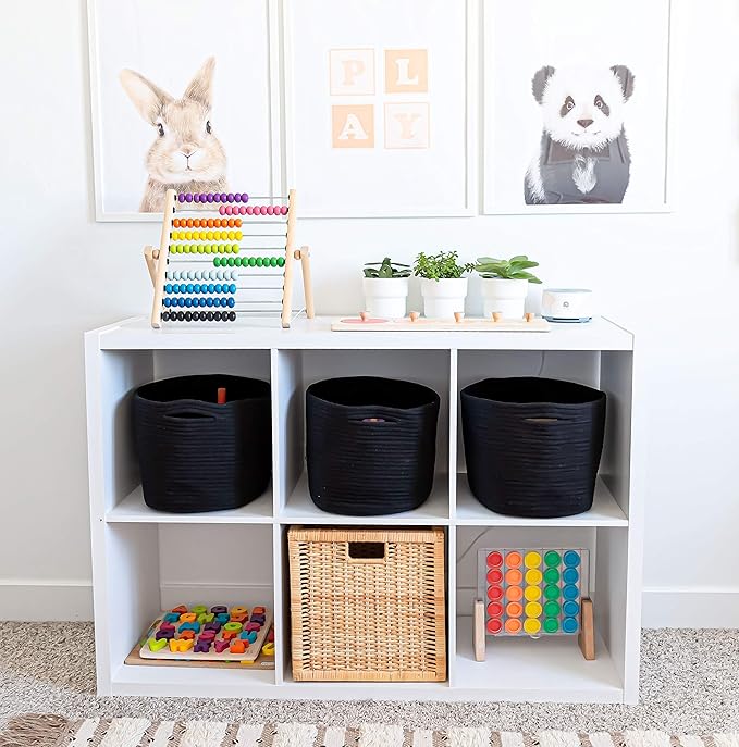 OrganiHaus Set of 3 Woven Storage Baskets for Organizing, Cotton Rope Organizer Bins for Shelves, Closet & Nursery, Dog Toy Basket, Decorative Bins for Toys, Towels & Books - 15x10x9, Black-Ruum Studio Home