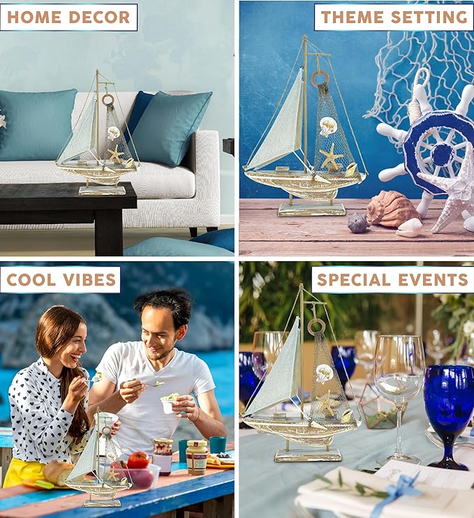 Puzzled Baja Haven Sailboat Decor - Handmade Beach Themed Wooden Boat Home Decor for Living Room Shelves, Tabletop, Desk, Cute Nautical Party Decorations - 14.5 Inches-Ruum Studio Home