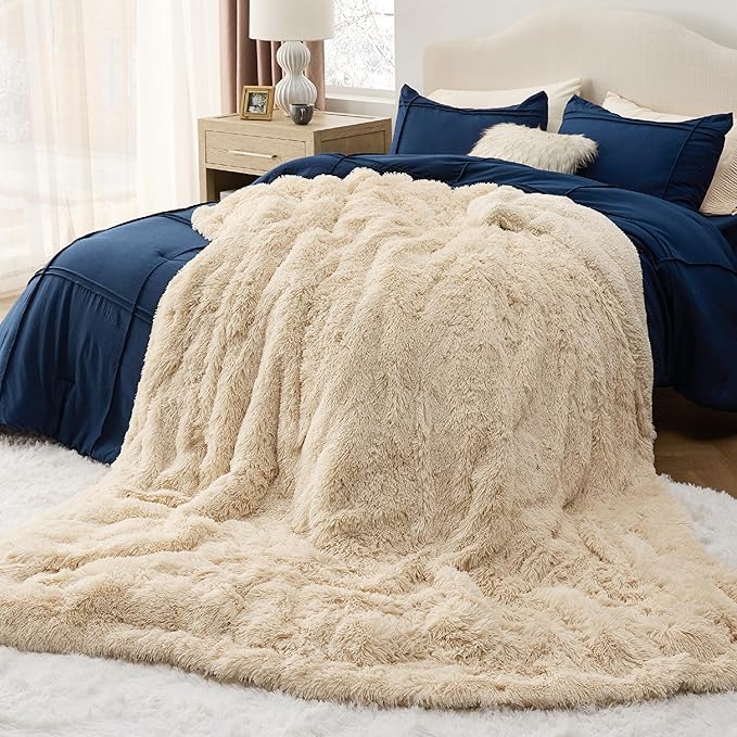 Bedsure GentleSoft Fluffy Beige Blankets Queen Size for Bed, Thick Sherpa Faux Fur Fleece Fuzzy Plush Winter Warm Heavy Soft Queen Blankets, Bedroom Decor Beige Gifts Cozy Gifts for Women Men, 90x90-Ruum Studio Home