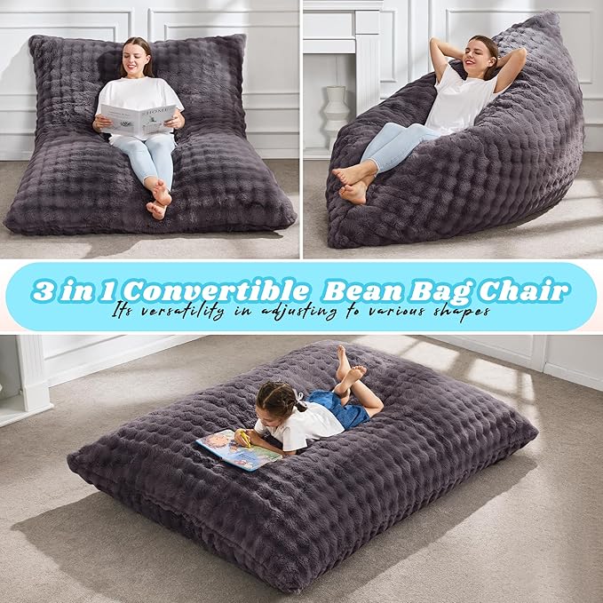 Hobestluk 3 in 1 Bean Bag Chair Giant Bean Bag Chairs for Adults with Bubble Cover Convertible Bean Bag Floor Cushion with Machine Washable Cover for Living Room (Bubble Dark Grey)-Ruum Studio Home