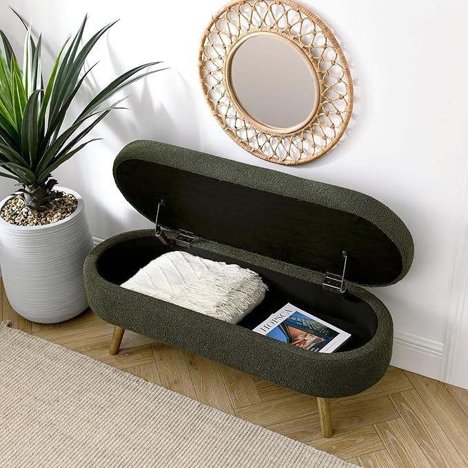 Oval Storage Bench 43.5" Linen Fabric Upholstered Entryway Bench with Solid Wood Legs Ottoman Bench Indoor Bench for Living Room/Bedroom/End of Bed/Entryway (Dark Green)-Ruum Studio Home