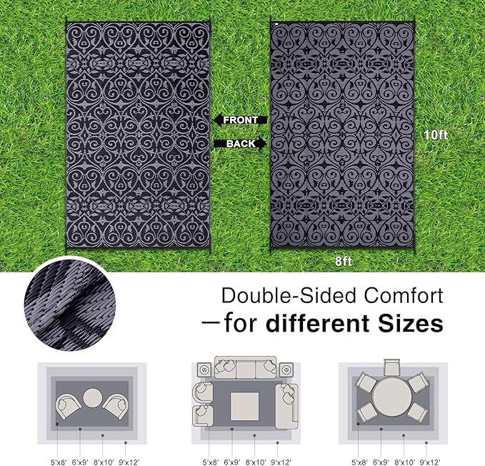OLANLY Outdoor Rug Waterproof 8x10 ft Clearance, Reversible Outdoor Plastic Straw Rug with Floral Pattern, RV Mat for Patio, Camping, Balcony, Deck, Backyard, Black & Grey-Ruum Studio Home