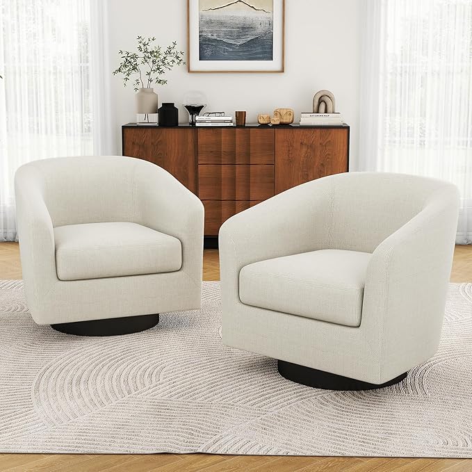 Swivel Barrel Accent Chair, Modern Round Linen Arm Chair for Living Room, Bedroom, Comfy Club Reading Chairs for Adults（Linen Fabric, Beige, Set of 2-Ruum Studio Home