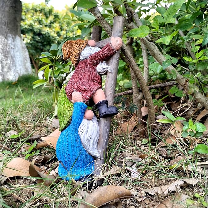 Garden Gnome Statue, Funny Climbing Ladder Gnomes Figurine Resin Sculpture Outdoor Decor for Patio Yard Lawn Porch Ornaments Gift-Ruum Studio Home