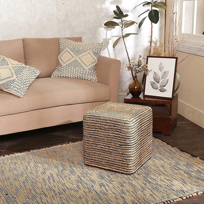 REDEARTH · Cube Pouf Foot Stool Ottoman - Jute Braided Pouffe Poof Accent Sitting Footrest for The Living Room, Bedroom, Nursery, Lounge 50% Jute 50% Cotton Set of 2 (14.5”x14.5”x16”; Natural Black)-Ruum Studio Home