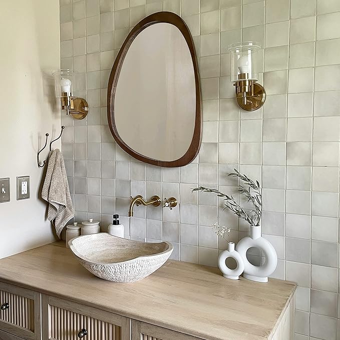 Irregular Wood Frame Boho Mirror - Large Wall Mounted Accent, Asymmetrical, Modern Aesthetic Wall Decor for Bedroom, Entryway, Living Room, Bathroom (Brown)-Ruum Studio Home