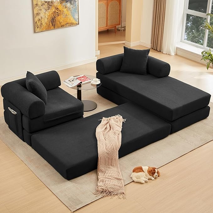 107" Oversized Convertible Sleeper Sofa Bed, Corduroy L Shape Sectional Couch, Folding Sofa Bed with Side Pocket, Modern Cloud Floor Mattress Couch, Modular Sofa for Living Room, Black-Ruum Studio Home