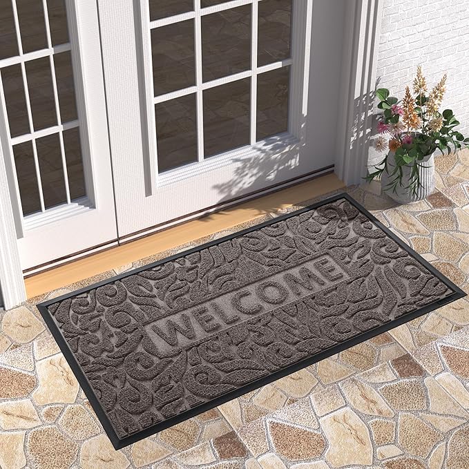 Yimobra Welcome Front Door Mat Outdoor, Heavy Duty Sturdy Non Slip Doormats, Rubber Backing, Low-Profile Entrance Rugs, Absorbent Resist Dirt, Easy Clean Patio Garage Floor Mats, 47X24 Inch, Brown-Ruum Studio Home