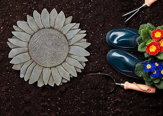 NAT & Jules Sunflower Shaped Dimensional Indoor Outdoor 12 inch Cast Resin Decorative Garden Stepping Stone, Patio, Walkway Sculpture Yard Art, Stone Grey-Ruum Studio Home