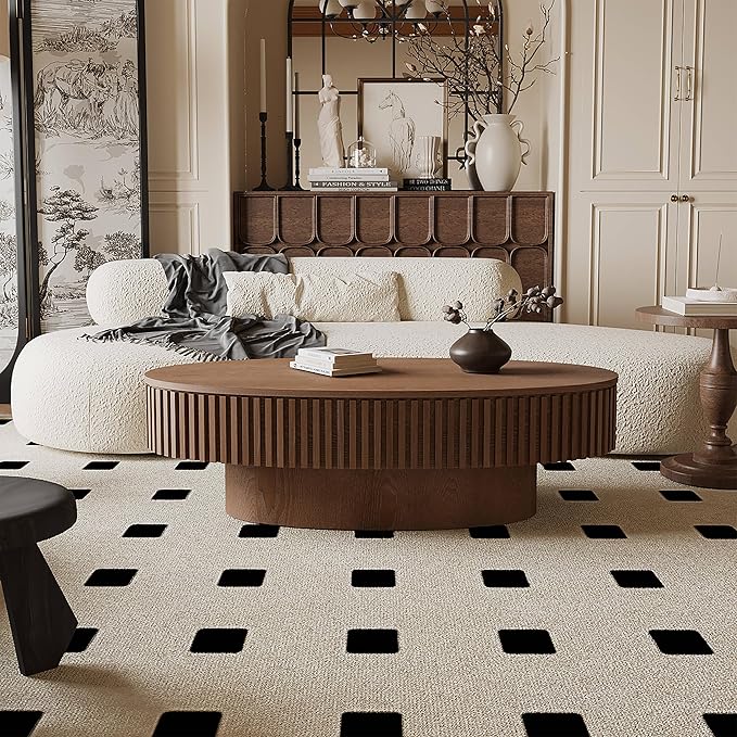 47.2''Oval Coffee Table with Storage, Mid Century Modern Fluted Drum Center Tables with Lid, Solid Wood Side Pedestal Coffee Table Tea Table for Living Room, Bedroom, Apartment-Walnut-Ruum Studio Home