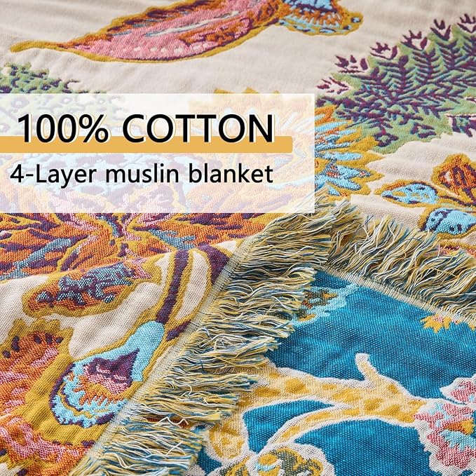 Boho Throw Blanket for Bed, Sofa,Cozy Lightweight Fall Blanket,100% Cotton Southwestern Farmhouse Floral Decor, Reversible Rustic Blanket, Chair, Picnic Throw Blanket,50"x60"-Ruum Studio Home