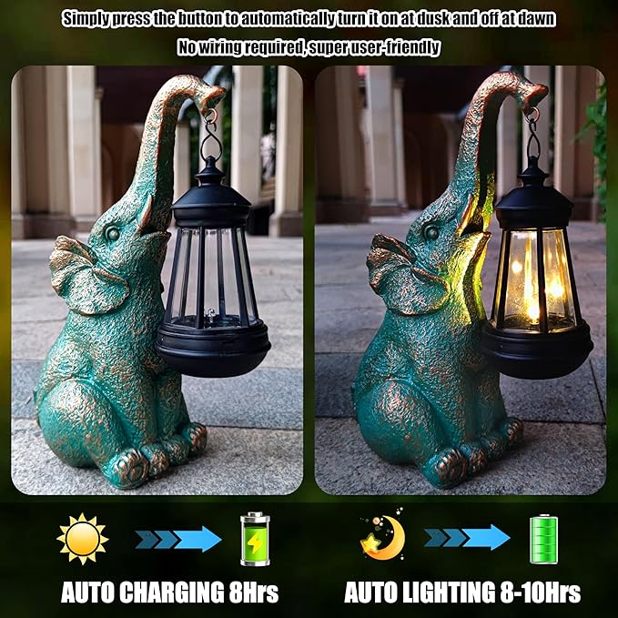 Elephant Garden Statue Outdoor Décor with Solar Lights Lantern,Elephant Solar Light Figurines Outside Decorations for Yard，Lawn Patio, Balcony, Unique Housewarming Gifts-Ruum Studio Home