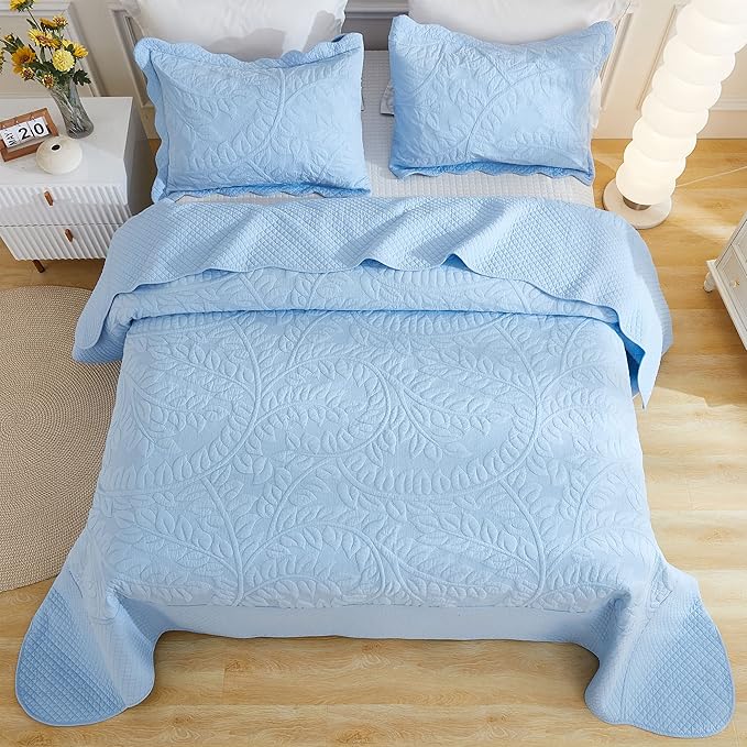 MarCielo 3-Piece 100% Cotton Oversized Bedspread Lightweight Quilt Coverlet Embroidery Farmhouse Bedding Set T0 (Light Blue, Oversized King (118"x106"))-Ruum Studio Home