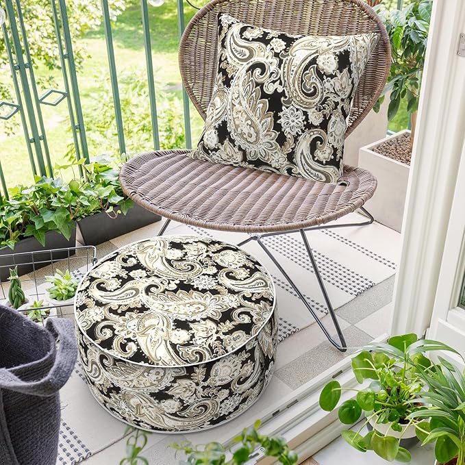 Inflatable Ottoman Stool D21 xH9 for Outdoor/Indoor Use, Water Repellent Patio Foot Rest Stool with Portable Handle,Round Pouf Ottoman Suitable for Garden,Deck and Camping - Paisley Black-Ruum Studio Home