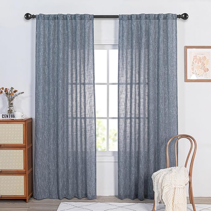 MYSKY HOME Semi Sheer Curtains 72 Inch Length, Light Filtering Window Drapes French Door Curtain Panels Privacy Shade Burlap Farmhouse Rustic Style for Doorways, 50" x 72", Dusty Blue, 2 Panels-Ruum Studio Home