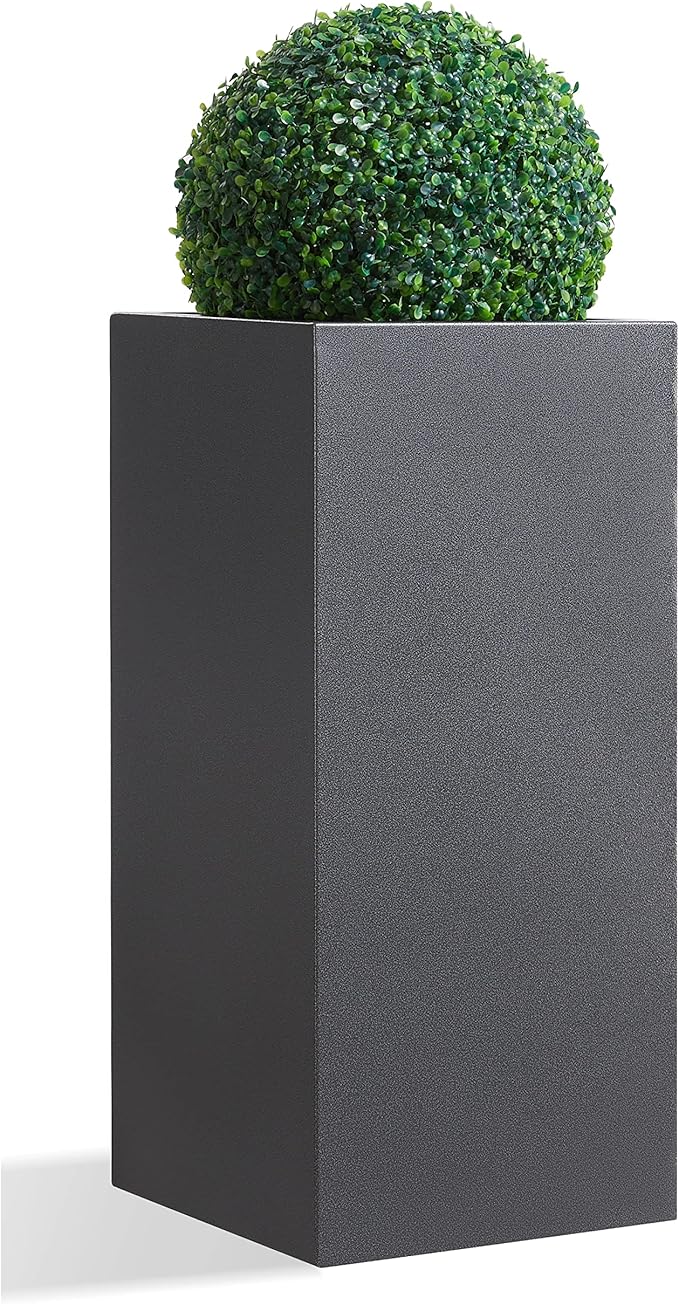 Metallic Heavy Tall Outdoor/Indoor Planter Box, Seamless Metal Planter, Rectangular, 14”Lx14”Wx30”H, 25 Pounds, Dark Gray, No Assembly, 1 Pack-Ruum Studio Home