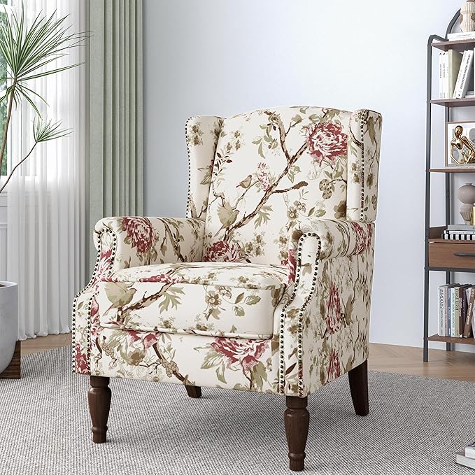 Lumibee Wingback Accent Chair,High Back Floral Armchairs in Fabric,Comfy Upholstered Reading Single Sofa Chair with Solid Wood Legs for Living Room,Bedroom,Office-Floral Beige-Ruum Studio Home