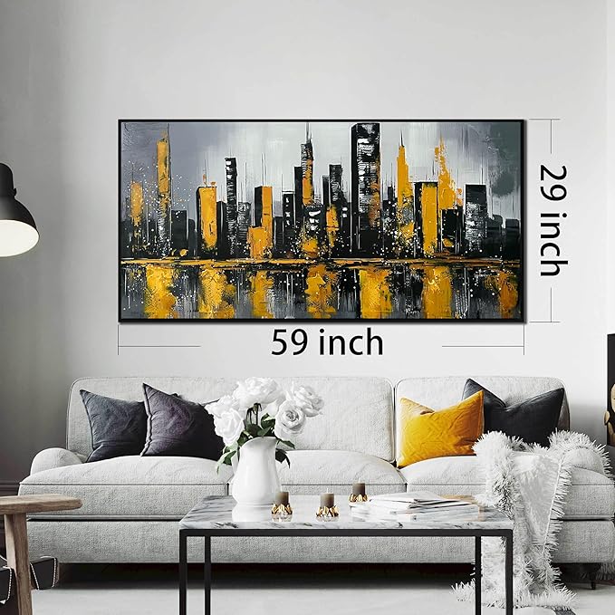 New York City Wall Art for Living Room - Hand Painted Canvas Wall Art for Office - Big Picture Frames for Wall Size 29" x 59"-Ruum Studio Home