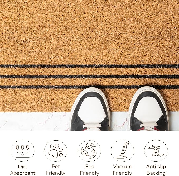 Welcome Doormats, Natural Coco Coir Mats with Non-Slip PVC Backing, Indoor Outdoor Mats for Home & Office, Floor Mats for Door Decor, Plain Entry Mat with Stripes, Beige & Black, 30"x17"-Ruum Studio Home