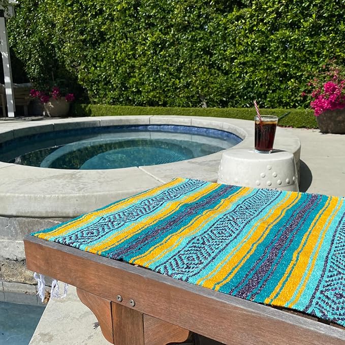 Del Mex Classic Mexican Blanket, Large Authentic Woven Falsa Throw (70"x50"), Artisan Southwest Décor for Beach, Yoga, Outdoors (Teal/Yellow)-Ruum Studio Home
