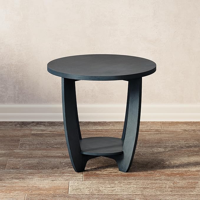 Rustic Farmhouse End Table with Storage Shelf, French Country Accent Side for Family, Dinning or Living Room, Small Spaces, Modern, Round, Vintage Blue Finish, Curved Leg-Ruum Studio Home