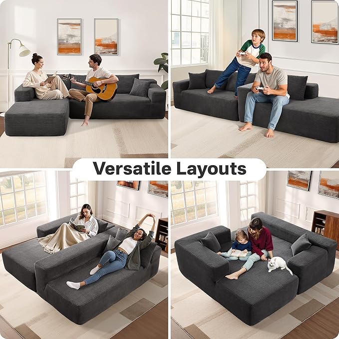 104" Cloud Sectional Couches for Living Room,L Shaped Boneless Couch in A Box,Sleeper Sofa with Comfy Chaise No Assembly Required,Grey-Ruum Studio Home