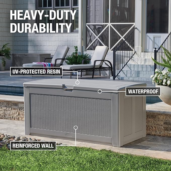 Rubbermaid Extra Large Resin Outdoor Storage Deck Box (134 Gal), Weather Resistant, Gray, Deck Organization for Home/Backyard/Pool Chemicals/Toys/Garden Tools/Porch/Patio Cushions-Ruum Studio Home