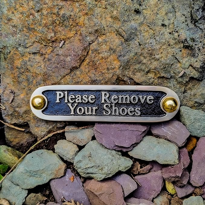 Please Remove Your Shoes Brass Door Sign. Traditional Style Home Décor Wall Plaque Handmade By The Metal Foundry UK.-Ruum Studio Home