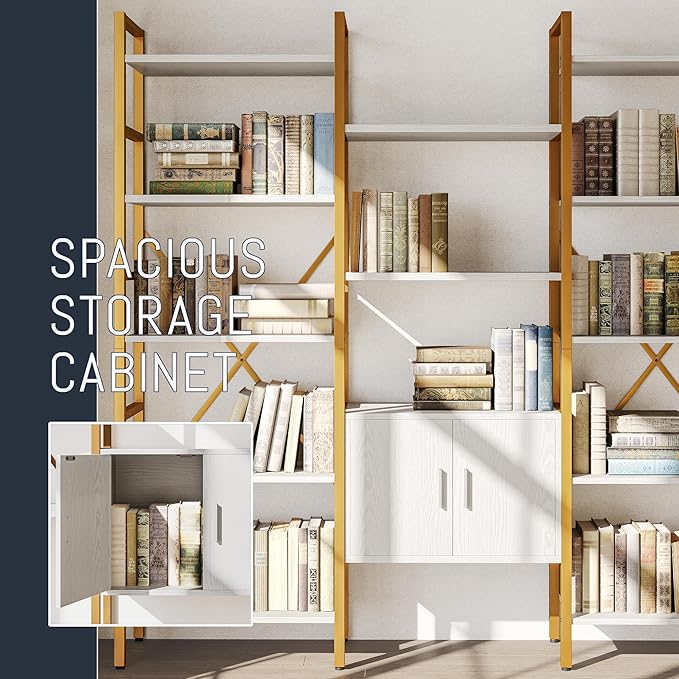 Triple 5 Tier Bookshelf, Industrial Large Bookcase with Storage Cabinet, Tall Gold Bookshelf with 14 Open Display Shelves Metal Frame Furniture for Living Room Bedroom Home Office Gold & White-Ruum Studio Home