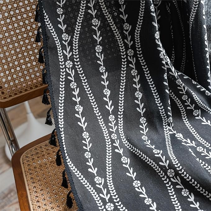 Sutuo Home Boho Curtains 84 Inches Long for Bedroom Living Room Nursery, Bohemian Vintage Tassels Window Treatment Drape for Halloween Decorations Rod Pocket, 1 Panel 59"W x 84"L,Black Stripe Floral-Ruum Studio Home