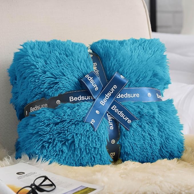 Bedsure GentleSoft Fluffy Bright Blue Blankets Queen Size for Bed, Thick Sherpa Faux Fur Fleece Fuzzy Plush Winter Warm Soft Queen Blankets, Bedroom Decor Blue Cozy Gifts for Women Men, 90x90-Ruum Studio Home
