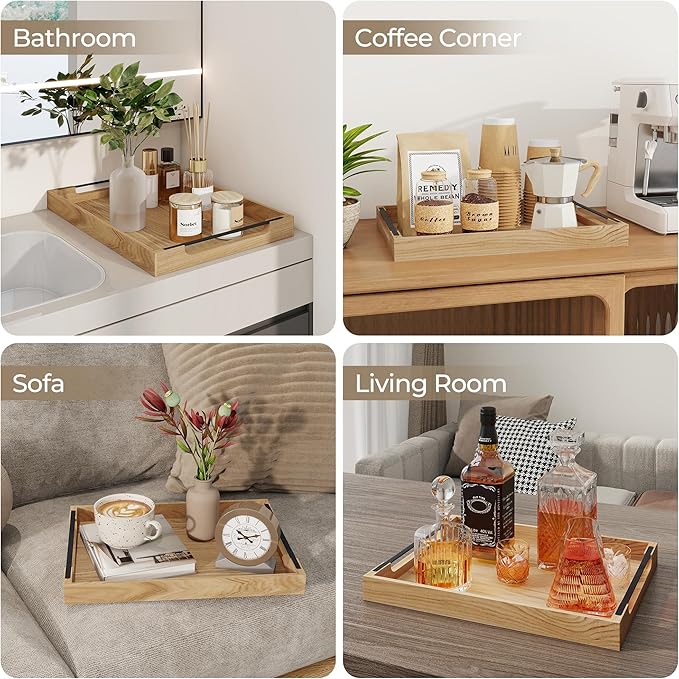 Axeman Wooden Serving Tray with Metal Handles|Ottoman Tray for Breakfast, Bed, Couch|17x13in Ash Wood Coffee Table Trays|Food Drinks Decorative Storage Boards for Ottoman Kitchen, Natural-Ruum Studio Home