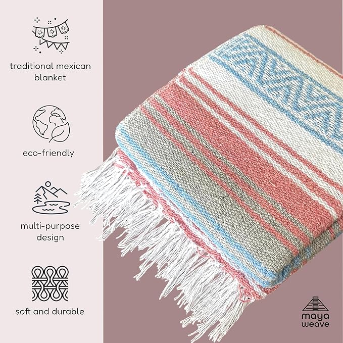 Traditional Handwoven Mexican Blanket, Large Falsa Serape - Soft & Durable - Vibrant Beach, Picnic, Yoga & Camping Mat - Lightweight Boho Throw 70"x50" (Bubblegum)-Ruum Studio Home