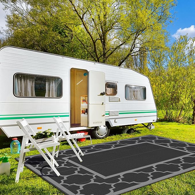 GENIMO 10 ' x 14 ' Outdoor Rug Waterproof for Patio Decor, Foldable Reversible Plastic Straw Area Rugs Mat for Camper, Outside Carpet for Rv, Deck, Porch, Picnic, Beach, Balcony, Black & Grey-Ruum Studio Home