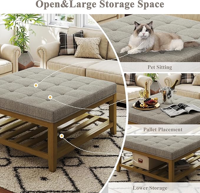 Large Square Ottoman Coffee Table, Linen Solid Upholstered Footrest Ottoman with Solid Wood Shelf Storage Tufted Coffee Table for Bedroom Living Room, Linen-Ruum Studio Home