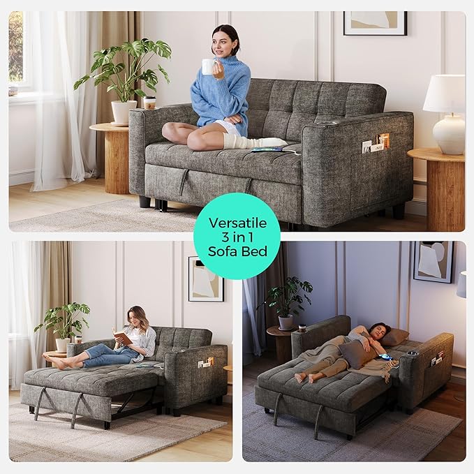 LINSY 3-in-1 Convertible Sofa Bed, 54" Pull Out Sleeper Sofa with Charging Station & Cup Holder, Small Folding Loveseat with Side Pocket for Small Space, Corduroy Couch, Gray-Ruum Studio Home