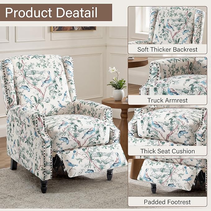 UIXE Floral Pushback Recliner Chair, Fabric Upholstered Armchair Push Back Accent Chair for Living Room, Rivet Trim Club Chair Home Theater Single Sofa Reading Seat - Bird-Ruum Studio Home