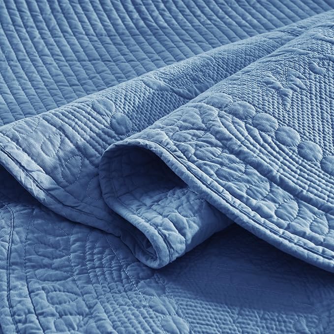 MarCielo 3-Piece 100% Cotton Oversized Bedspread Lightweight Quilt Coverlet Embroidery Farmhouse Bedding Set (TG Midtone Blue, Oversized King (118"x106"))-Ruum Studio Home